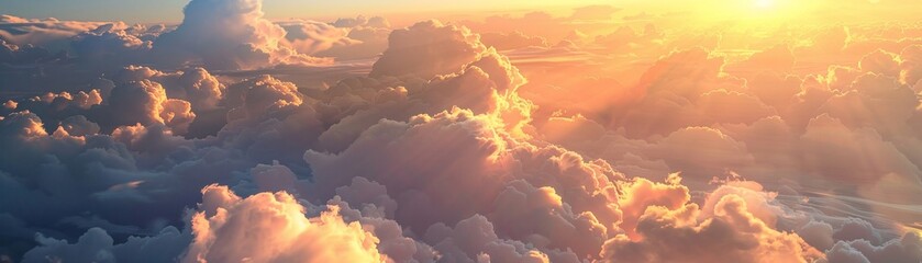 Early morning clouds glow under the gentle light of a sunrise, seen from above, bringing a sense of calm and serenity