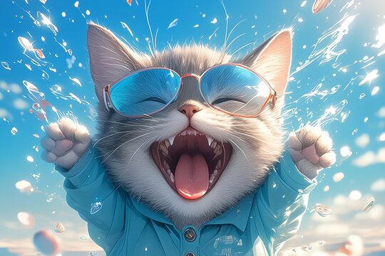 A cute cat wearing sunglasses, smiling with open mouth and tongue sticking out, colorful paint splashes around, happy expression
