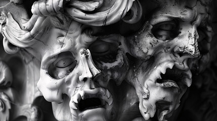 detalle de esculturas en blanco y negro con símbolos de muerte, diablos, infierno

