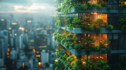Sustainable Glass Building with Vertical Garden in Modern City Generative AI