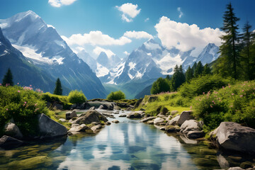 A secluded alpine lake nestled in a green valley, with snow-capped mountains in the background and clear blue ski  Generative AI,