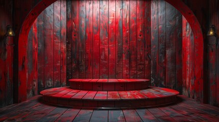 Fiery Red Chevron Podium in Rustic Saloon Interior Generative AI
