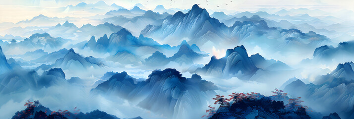 A serene and tranquil landscape painting in traditional Chinese style, featuring majestic mountains and scenic nature.