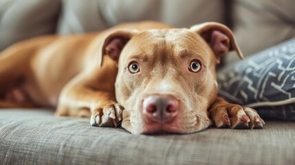 Pit bull relaxing on the couch, attentively looking around in a cozy indoor setting