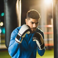 portrait of a young man practicing boxing - obrazy, fototapety, plakaty