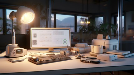 3D rendering of an office desk with a computer and other items
