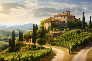 A sweeping view of the Tuscan hills in Italy, with rolling vineyards, cypress trees, and a rustic farmhouse in the distance   Generative AI, - obrazy, fototapety, plakaty