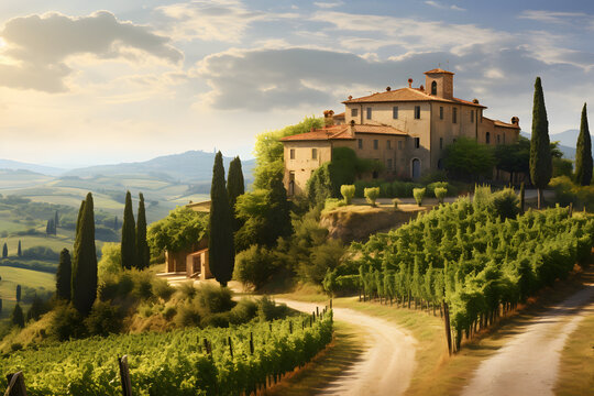 A sweeping view of the Tuscan hills in Italy, with rolling vineyards, cypress trees, and a rustic farmhouse in the distance   Generative AI,