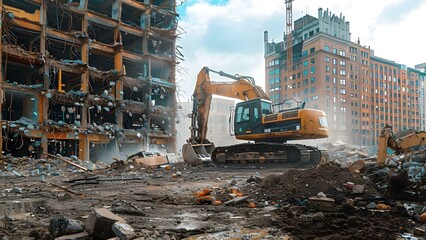 Destructive machinery demolishes old building to make way for modern progress. Concept Urban Development, Construction Equipment, Demolition Site, Progress Vs, History, Modernization Evolution