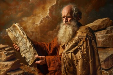 painting of Moses holding stone tablet with ten commandments