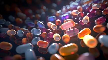 Close up of colorful pills on a dark background. Focus on foreground. - obrazy, fototapety, plakaty