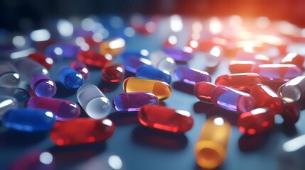 Close up of colorful pills on a dark background. Focus on foreground. - obrazy, fototapety, plakaty