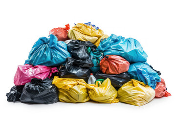 multi colored plastic trash bags heaped for recycling and disposal