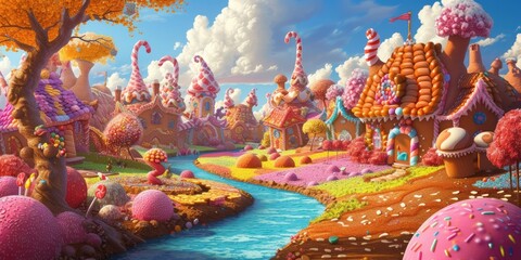 Fototapeta premium A whimsical and colorful candy village with houses made of confectionery delights and a river flowing with liquid sweetness. Resplendent.
