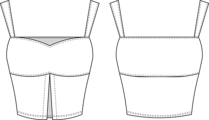 deep sweetheart neck contrast strapper strappy slitted slit low-cut crop cropped square neck blouse top template technical drawing flat sketch cad mockup fashion woman design style model
