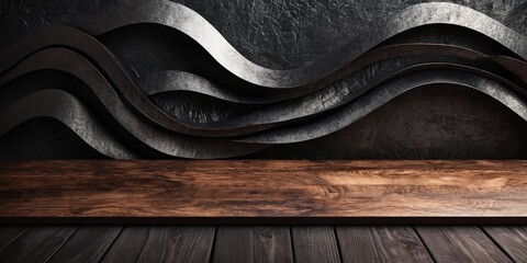Dark concrete wall and wooden floor with black waves.