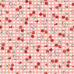 Cherries with plaid gingham print hearts seamless fabric design pattern - 791075088
