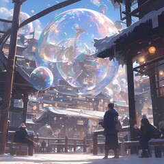Delightful Urban Fantasy: A Unique City Skyline with Gorgeous Colorful Bubbles and Lively People