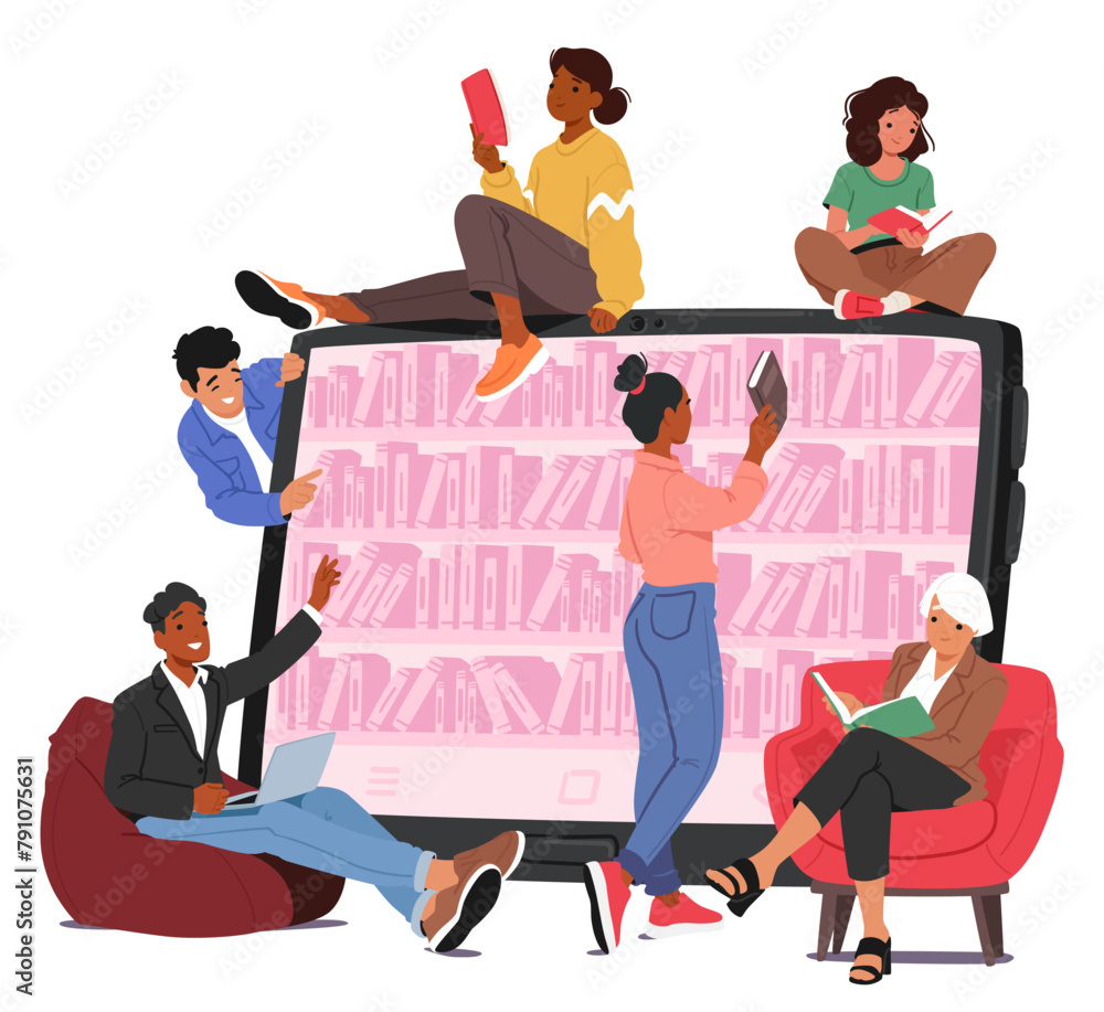 Poster tiny characters with gadgets around huge tablet screen utilize online library services to access to 