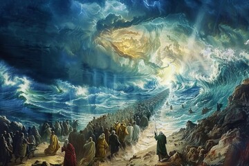 Moses parting red sea to lead his people to freedom