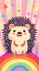 flat illustration cartoon hedgehog on rainbow background.