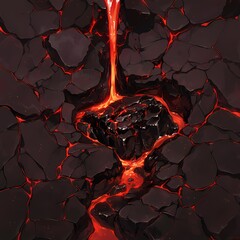 Incredible Nature Scene: Erupting Volcano Inside a Dark Basalt Cave with Red Lava Flowing Down Walls - Perfect for Adventure and Geology Themed Projects - obrazy, fototapety, plakaty