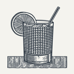 Cocktail glass with straw and citrus. Vintage engraving style vector illustration.