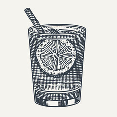Cocktail glass with straw and citrus. Vintage engraving style vector illustration.