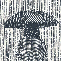 Woman with umbrella in a heavy rain. Vintage engraving style vector illustration.