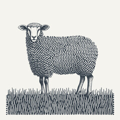 Sheep standing on a grass. Vintage engraving style vector illustration.