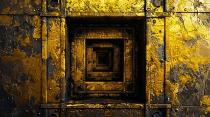 An abstract image of a symmetrical, tunnel-like structure with textured gold and black patterns
