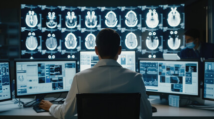 A man is seated at a desk with several computer monitors in front of him, engaged in work or study