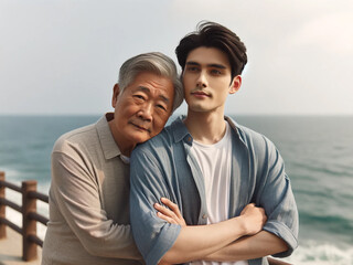 Obraz premium adult son hugging his elderly father on the sea promenade