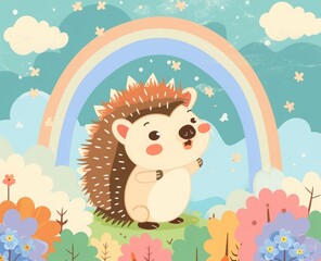 Fototapeta premium flat illustration cartoon hedgehog on rainbow background.