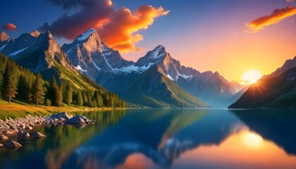 Mountain peak, tranquil scene, sunset over water