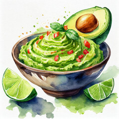 Bowl of guacamole with avocado and lime, watercolor illustration. 
