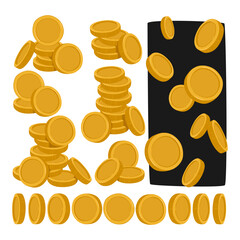 Golden Coins Piles, Falling or Spinning Animation Sprite, Cartoon Vector Set. Yellow Money Units Gleam With Opulence - obrazy, fototapety, plakaty
