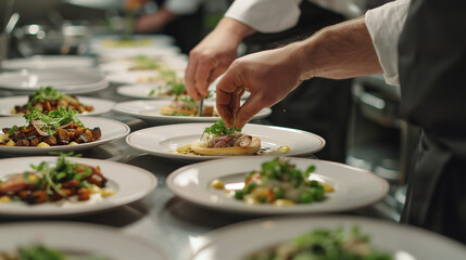 Chef preparing food in the restaurant kitchen. Catering concept.