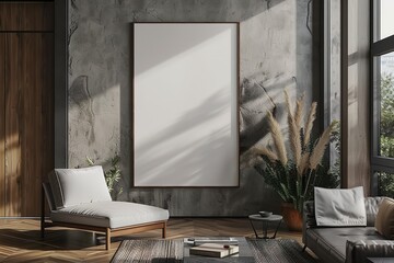 Cozy corner of a modern living room with comfortable chair, warm throws, wooden side table, dried floral arrangement, and an empty frame for artistic expression.