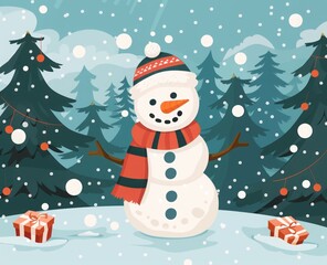 flat illustration cartoon snowman on a background of snow and fir trees.