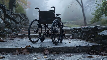 Abandoned wheelchair at base of outdoor stairs symbolizes urban accessibility challenges. Concept Accessibility, Urban Challenges, Representation, Inclusivity, Symbolism - obrazy, fototapety, plakaty