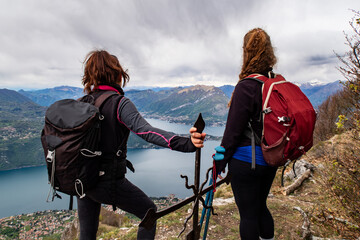 Trekking scene on Lake como alps - obrazy, fototapety, plakaty