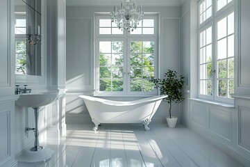 Elegant white bathroom in a victorian architectural
style with natural light, featuring a freestanding bathtub and a classic pedestal sink. - obrazy, fototapety, plakaty