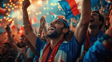 Group happy fan of USA national team of America in traditional colors of USA celebrates victory of United States at competitions. Fan rejoices at victory of his team at stadium. Emotions of victory