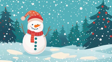 flat illustration cartoon snowman on a background of snow and fir trees.