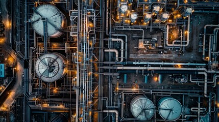 A birds eye view of an industrial factory complex featuring a network of pipes and clocks