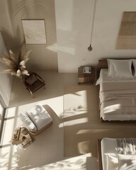 Overhead view of a minimalist bedroom, modern in every detail, from the streamlined furniture to the serene color palette