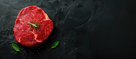 Raw beef steak on a black background, seen from above