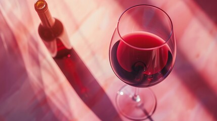 Closeup of a red wine glass placed next to a bottle on a pastel background