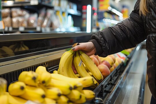 The image captures a detailed close-up of a customer's hand picking a ripe bunch of bananas at a supermarket fruit section